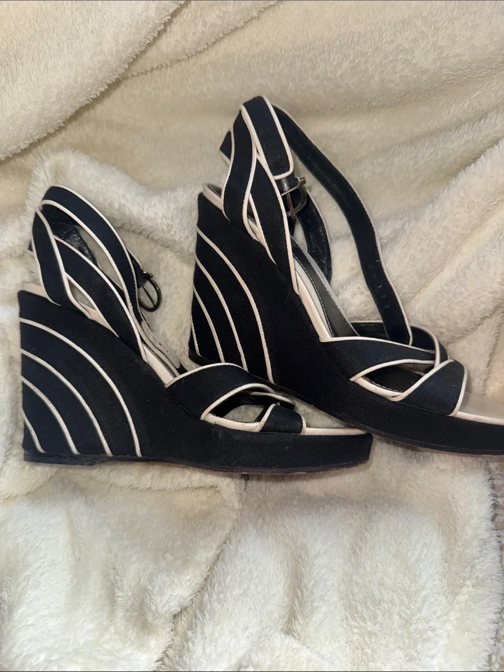 Salvatore Ferragamo Black and Cream Wedge Sandals